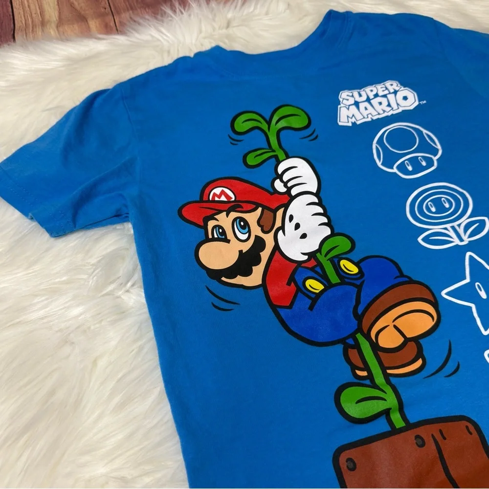 Nintendo Super Mario Youth Boy Size 7 Blue Graphic Short Sleeve Shirt